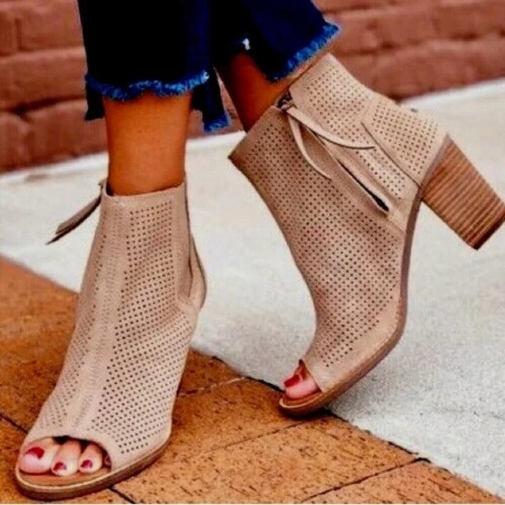 Toms Womens Majorca Peep Toe Perforated Suede Heeled Booties
